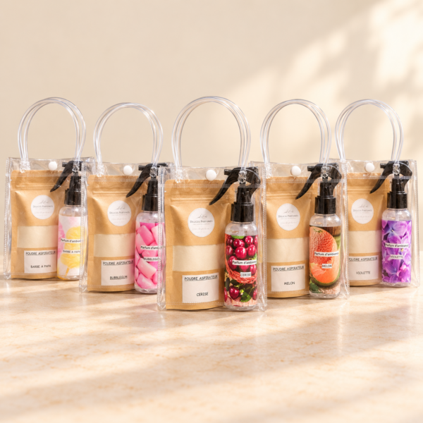 Cinq coffrets parfumés aux couleurs gourmandes Coffret poudre aspirateur et spray d'ambiance